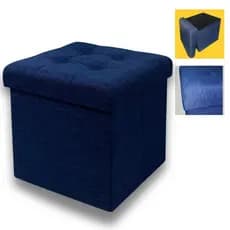 Banco Puff De Madeira Tecido Azul Marinho Baú Guarda Volume