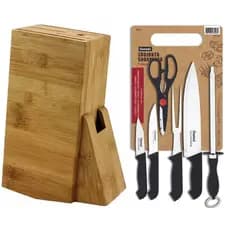 Conjunto de facas para churrasco 6 Peças Aço Inox com organizador suporte em bambu para facas
