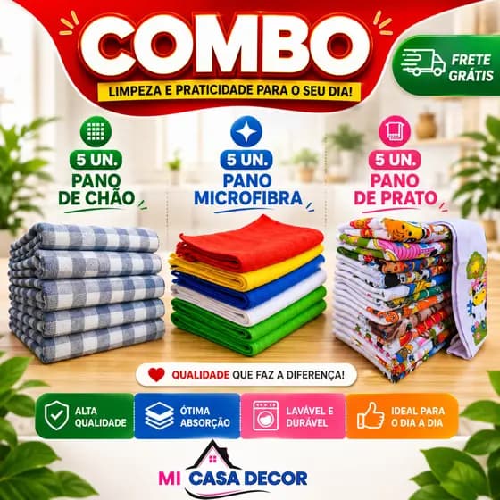 Combo 15 Panos Limpeza Casa | 5 Panos de Chão + 5 Panos Microfibra + 5 Panos de Prato Alta Absorção