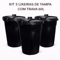 3 Cestos Lixeiras 60Litros Trava Tampa Organizador Água Roupas Lixo