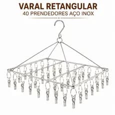 Varal Retangular Aço Inox com 40 Prendedores Resistente e Durável