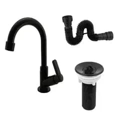Kit Torneira Lavatorio Preto + Válvula Preta + Sifão Preto