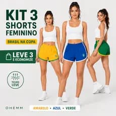 Kit 3 Shorts Feminino Brasil Copa Amarelo Azul Verde Leve Confortável Secagem Rápida Ohemm