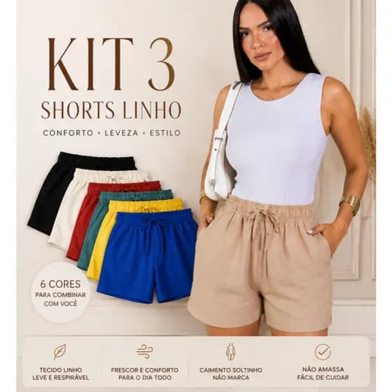 Kit 3 Shorts Linho Feminino Cós Elástico Com Bolso Cordão Ajustável Casual Leve Confortável Verão Dia a Dia