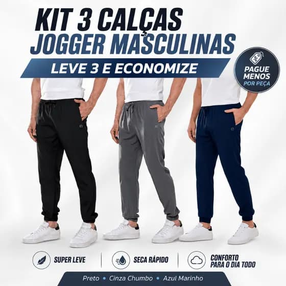 Kit 3 Calças Masculinas Jogger Leve Com Elastano Cós Elástico Academia Corrida