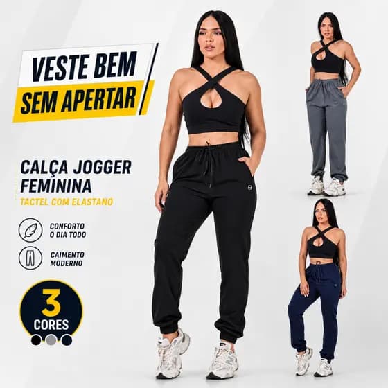 Calça Feminina Jogger Em Tactel Com Elastano Bolsos E Cordão