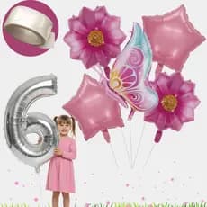 Kit Balão Metalizado Borboleta Flor Estrela Decoração + Balão Numero Metalziado 70cm + Gotas Adesiva