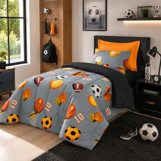 Edredom Infantil Solteiro Dupla Face Algodão Estampado Macio Menino - Futebol Cinza