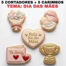 Kit 5 Cortadores + 5 Carimbos | Marcadores Tema Dia Das Mães Para Biscoitos | Pasta Americana Lembrancinha Biscuit