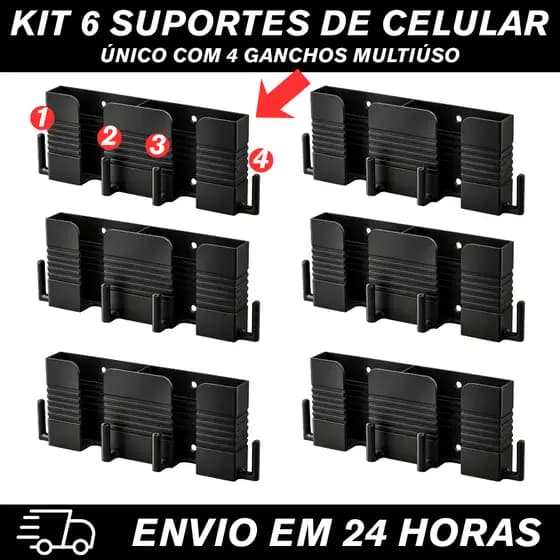 Kit 6 Suportes Duplos para Celular e Controle Multiúso Único Com 4 Ganchos Pendure Chaves e Acessórios Organize Tudo