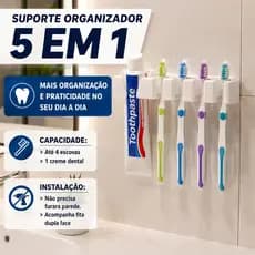 Suporte 5 em 1 Para Escovas de Dentes e Creme Dental Sem Furos Fixação Forte Mais Higiene e Organização