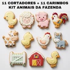 11 Cortador de Biscoito + 11 Carimbos Animais da Fazenda | Pasta Americana Biscuit Massa Confeitaria Massinha De Modelar