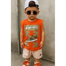 camiseta regata infantil estiloso verão moda menino 02 a 12 anos-Regata machao tênis laranja