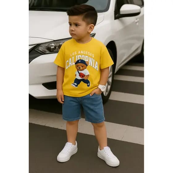 camiseta masculina infantil menino estiloso -CAMISA amarela estampa urso/california