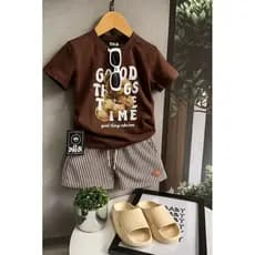 conjunto  infantil masculino  menino shorts 2 pcs | camiseta marrom urso good e bermuda listrada Marron