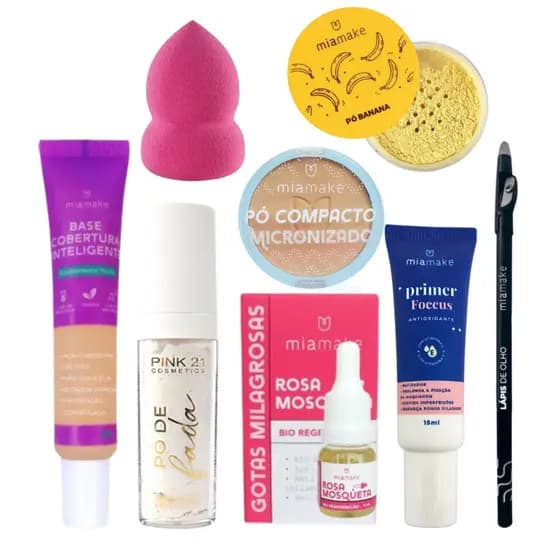 Kit Maquiagem Pó Compacto Base Primer Esponja Iluminador