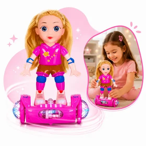 Boneca Dance Hoverboard Giratória com Som Luzes Skate Elétrico Musical Brinquedo Infantil Meninas