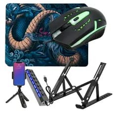 Kit Completo para Notebook com Suporte 360° + Mouse Gamer + Hub USB + Mouse Pad + Tripé para Celular