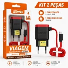 Kit 2 Carregadores 5.1A V8 + 2 USB Carga Rápida