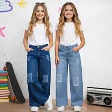 Calça Jeans Menina Wide Leg Feminina Infantil Juvenil Pantalona Navalhado Bolso