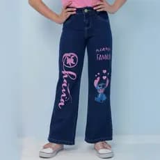 Calça Stitch Jeans Juvenil Wide Leg Pantalona Feminino Algodão Estampada Desenho