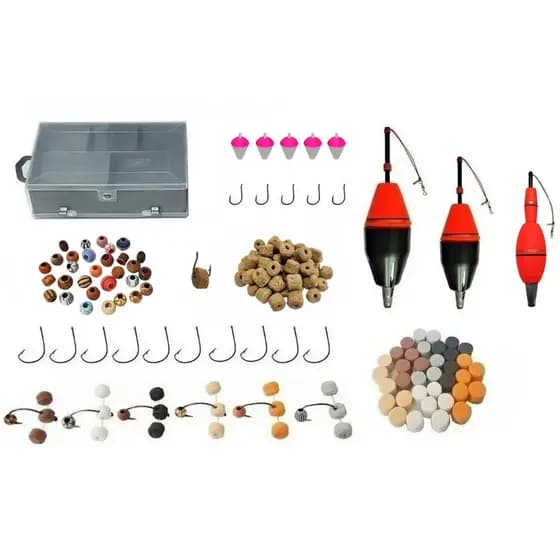 Kit Pesca de Tamba Estojo Duplo Boia Cevadeira Torpedo Anteninhas Miçangas Flutuadores Anzois