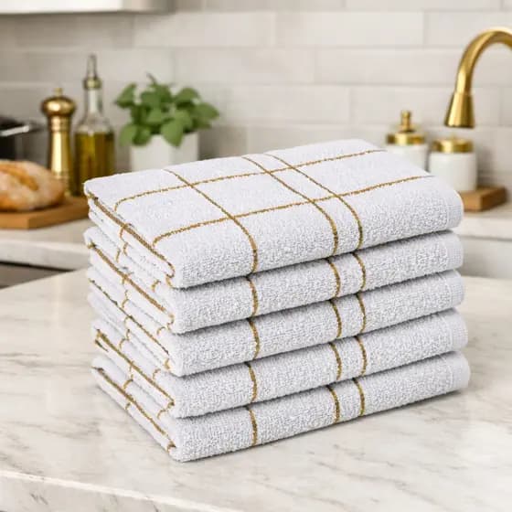 5 Pano Prato Cozinha Xadrez Branco c/ Dourado Grande Algodão Macio Laune Haus