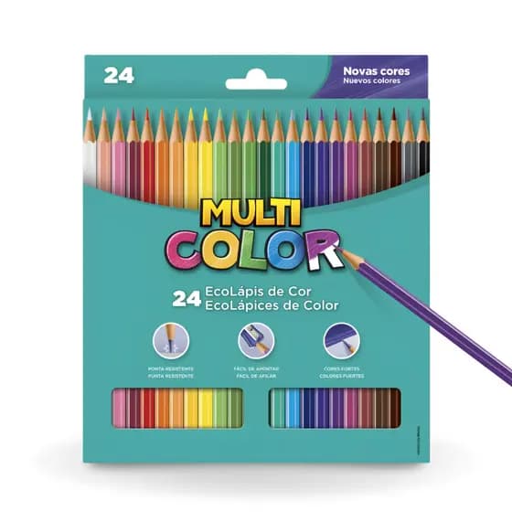 Lápis de Cor Ecolápis Multicolor 24 Cores Volta às Aulas Resistente Material Escolar