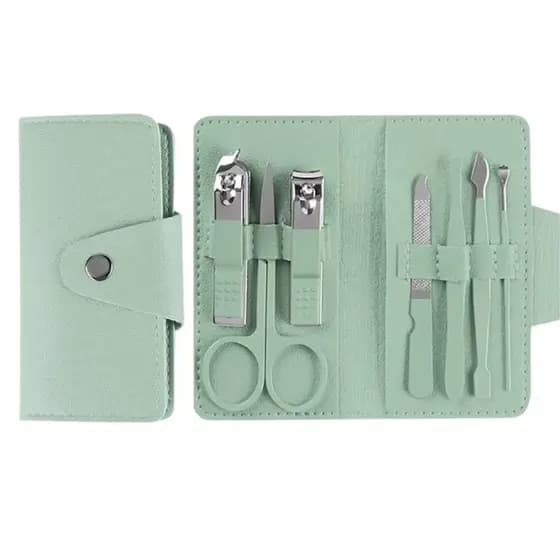 Kit 7 Pçs Cortador De Unhas Manicure Pedicure Cor Verde Tesoura Pinça Com Bolsa Dobrável