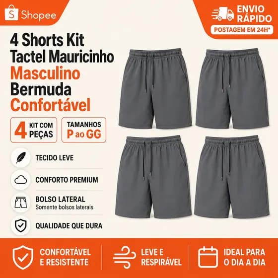 4 Shorts Kit Tactel Mauricinho Masculino Bermuda Confortável