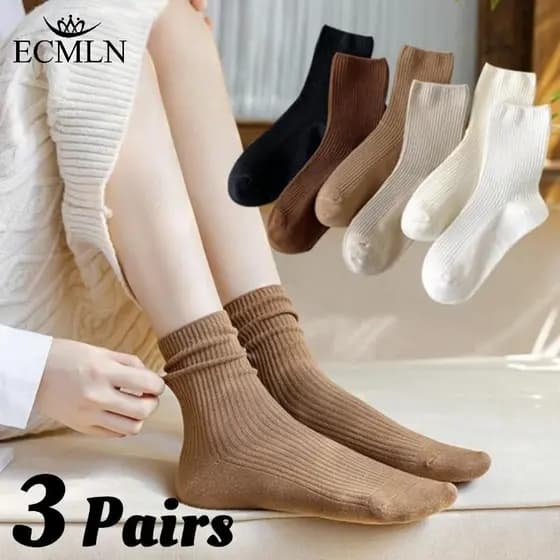 ECMLN 3 Pares De Meias De Cano Médio De Cor Sólida Para Mulheres Tons De Terra Primavera E Outono Estilo Coreano Simples
