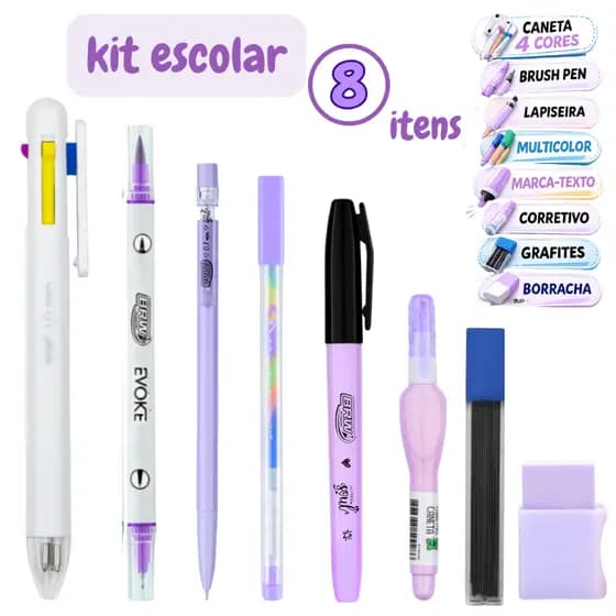 Kit Caneta Troca Cores Dual Brush Caneta Gel Marca-texto Corretivo Lapiseira Grafites E Borracha