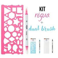 Régua Geométrica Gabarito Formas E Desenho + Caneta Dual Brush