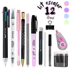 Kit Caneta 4 Cores Brush Pen Fineliner Lapiseira Grafites Corretivo Borracha Apontador Corretivo