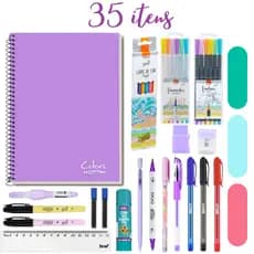 Kit Papelaria Material Escolar Tons Pastel - 35 Itens Com Caderno 10 Matérias