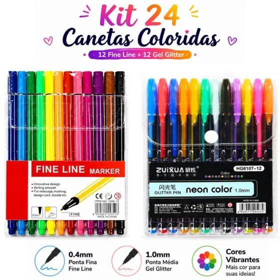 Kit 12 Canetas  Fineline Ponta Fina 0.4mm  + 12 Canetas Gel Glitter Ponta 1.0mm