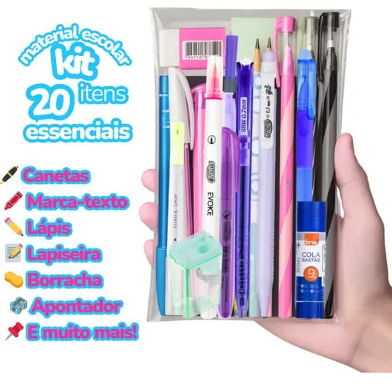 Kit Material Escolar 20 Itens - Canetas Marca-texto Lapiseira Borracha Corretivo Apontador etc
