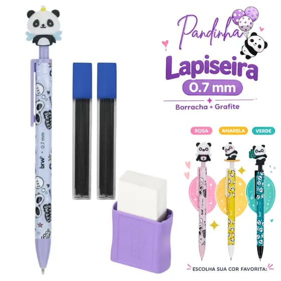 Kit Lapiseira Fofa Panda Borracha Grafites 0.7mm