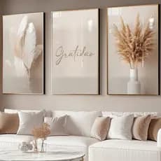 Quadro Decorativos Trio Gratidão Ramo de Trigo Prosperidade Branco Moderno para Sala Hall Escritório