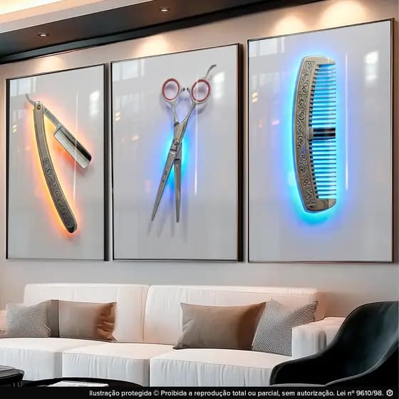 Quadros Decorativos Kit 3 Peças para Barbearia Corte Luxo Moderno Tesoura