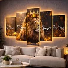 Quadros Decorativos Para Sala Leão de Judá Coroa Rei Nunca Foi Sorte Frases Quarto Mdf Mosaico