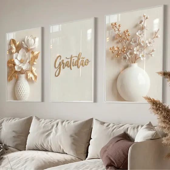 Quadros Decorativos Trio Gratidão Fé Flores Vasos Para Sala Moderno Dourado