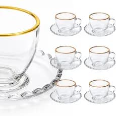 Jogo 6 Xícaras Vidro Com Pires comBorda De Ouro e simples 100ml Café Chá