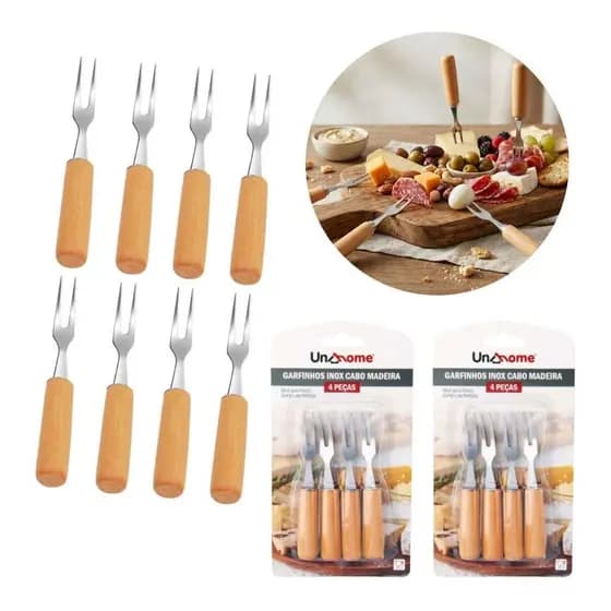 Kit Garfinhos Garfo Frios Queijo Frutas 8 Peças Inox Madeira Utensílios Petisco Cozinha Gourmet Talheres Frios