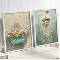 Kit 2 Quadros Decorativos Banheiros Lavabos Wc Flores Clean Moderno Sofisticados Tons Neutros 20x20