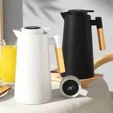 Garrafa Térmica Termometro Digital 1L Café Chá Nórdica Com Cabo Madeira