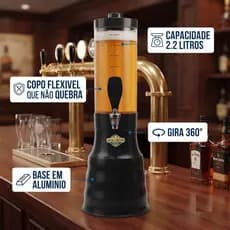Torre Chopp Beer 2.2 Litros C/ 2 Refil Gelante Copo Giratório Com Alça Base 100% Alumínio