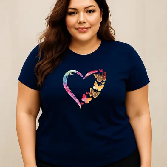 Camiseta Feminina Plus Sise Estampada Coraçao Borboleta Blusa Academia 100% Algodão