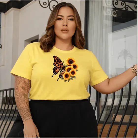 Camiseta Feminina Plus Sise Estampada Borboleta Girasóis Blusa 100% Algodão