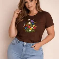 Camiseta Feminina Plus Sise Estampada Flores Blusa 100% Algodão